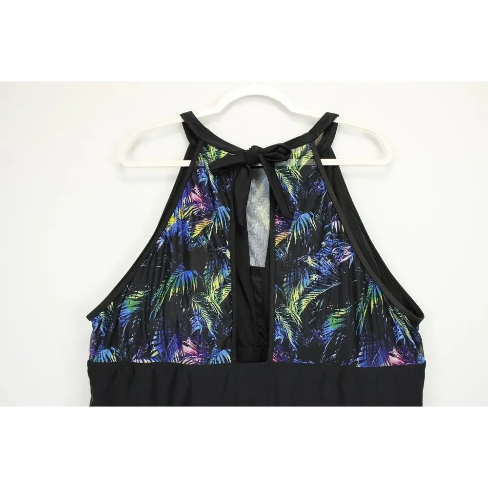 Bloomchic Swim Dress Halter Sheer Skirt‎ Women 28 Black Floral Swimwear